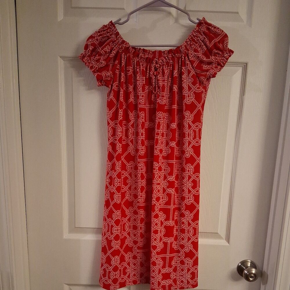 Jude Connally Medium Red Nautical Rope Shift Dress Preppy Beach Keyhole Neck